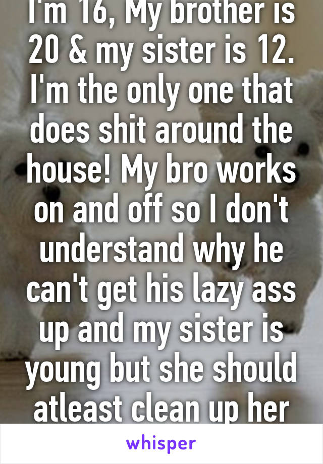I'm 16, My brother is 20 & my sister is 12. I'm the only one that does shit around the house! My bro works on and off so I don't understand why he can't get his lazy ass up and my sister is young but she should atleast clean up her shit. 