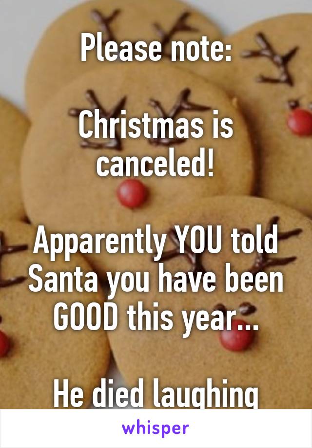 Please note:

Christmas is canceled!

Apparently YOU told Santa you have been GOOD this year...

He died laughing