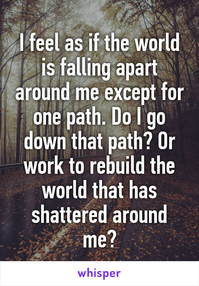 I feel as if the world is falling apart around me except for one path. Do I go down that path? Or work to rebuild the world that has shattered around me?