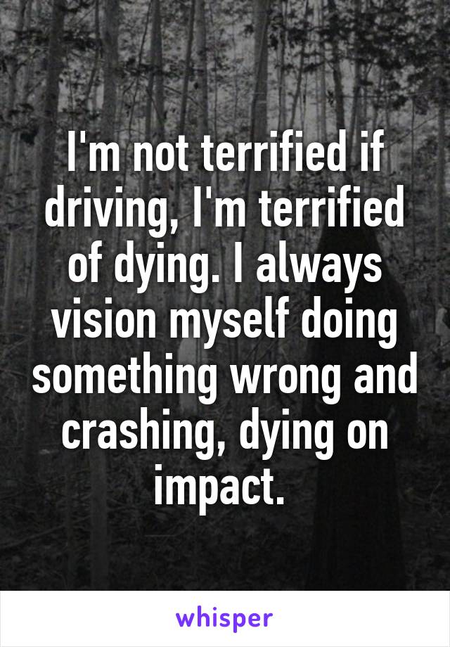 I'm not terrified if driving, I'm terrified of dying. I always vision myself doing something wrong and crashing, dying on impact. 