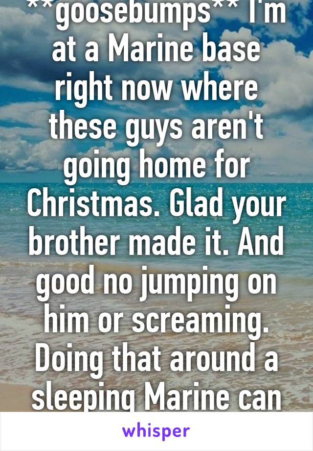 **goosebumps** I'm at a Marine base right now where these guys aren't going home for Christmas. Glad your brother made it. And good no jumping on him or screaming. Doing that around a sleeping Marine can be dangerous 😀