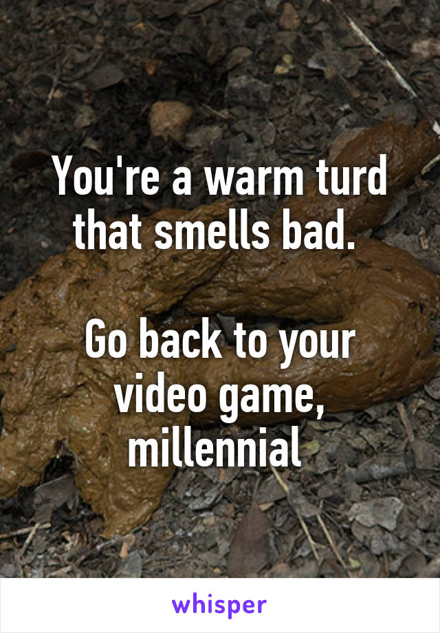 You're a warm turd that smells bad. 

Go back to your video game, millennial 