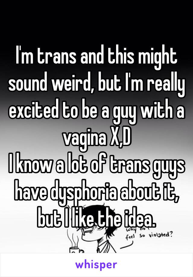 I'm trans and this might sound weird, but I'm really excited to be a guy with a vagina X,D
I know a lot of trans guys have dysphoria about it, but I like the idea.
