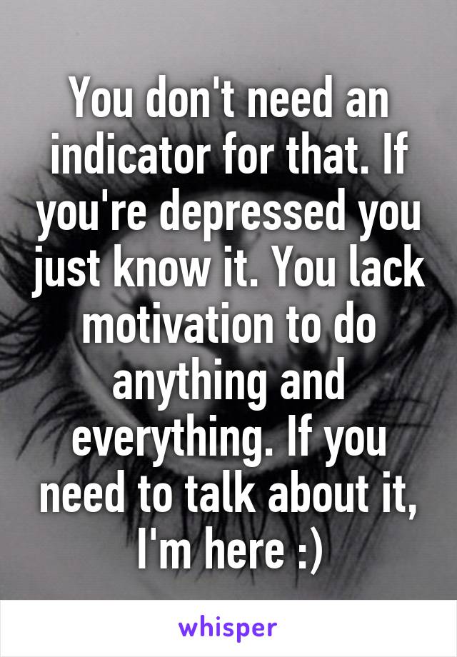 You don't need an indicator for that. If you're depressed you just know it. You lack motivation to do anything and everything. If you need to talk about it, I'm here :)
