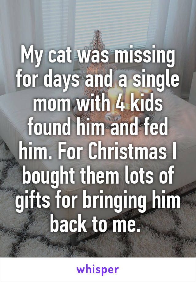 My cat was missing for days and a single mom with 4 kids found him and fed him. For Christmas I bought them lots of gifts for bringing him back to me. 