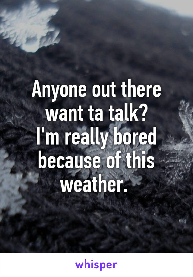 Anyone out there want ta talk?
I'm really bored because of this weather. 