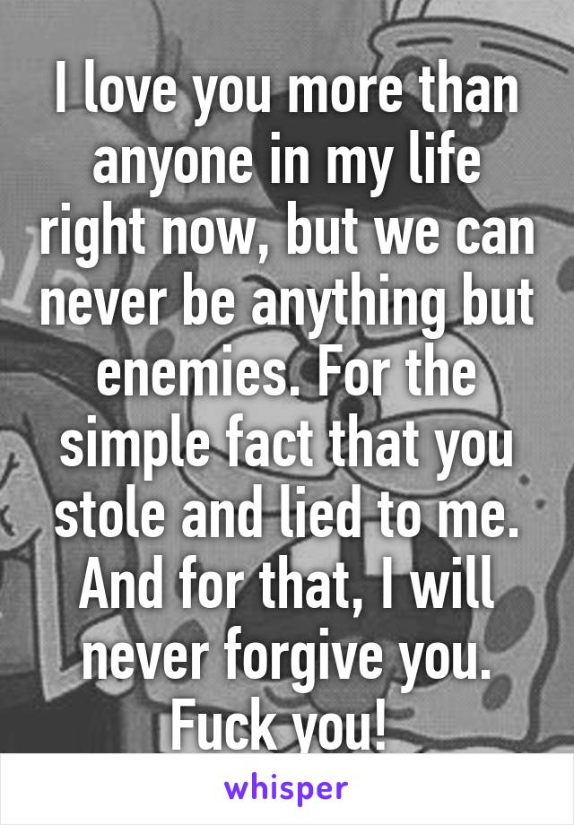 I love you more than anyone in my life right now, but we can never be anything but enemies. For the simple fact that you stole and lied to me. And for that, I will never forgive you. Fuck you! 