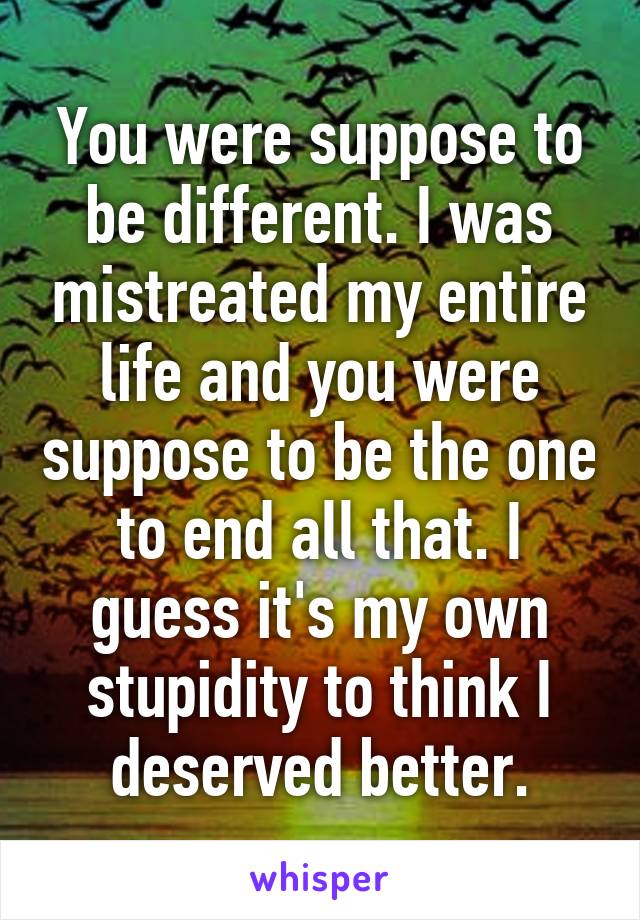You were suppose to be different. I was mistreated my entire life and you were suppose to be the one to end all that. I guess it's my own stupidity to think I deserved better.