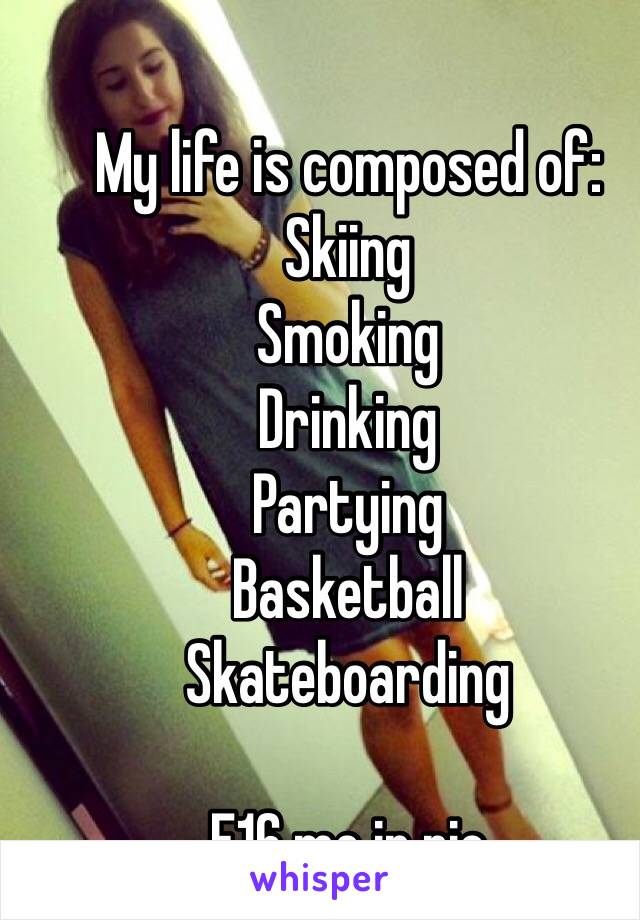 My life is composed of:
Skiing
Smoking
Drinking
Partying
Basketball
Skateboarding

F16 me in pic