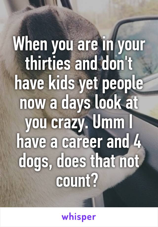 When you are in your thirties and don't have kids yet people now a days look at you crazy. Umm I have a career and 4 dogs, does that not count? 