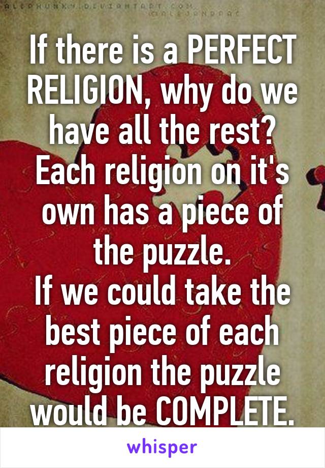 If there is a PERFECT RELIGION, why do we have all the rest?
Each religion on it's own has a piece of the puzzle.
If we could take the best piece of each religion the puzzle would be COMPLETE.