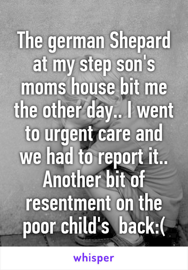 The german Shepard at my step son's moms house bit me the other day.. I went to urgent care and we had to report it.. Another bit of resentment on the poor child's  back:(