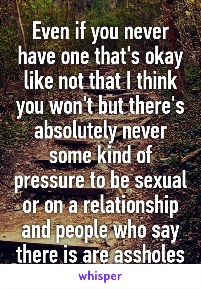 Even if you never have one that's okay like not that I think you won't but there's absolutely never some kind of pressure to be sexual or on a relationship and people who say there is are assholes