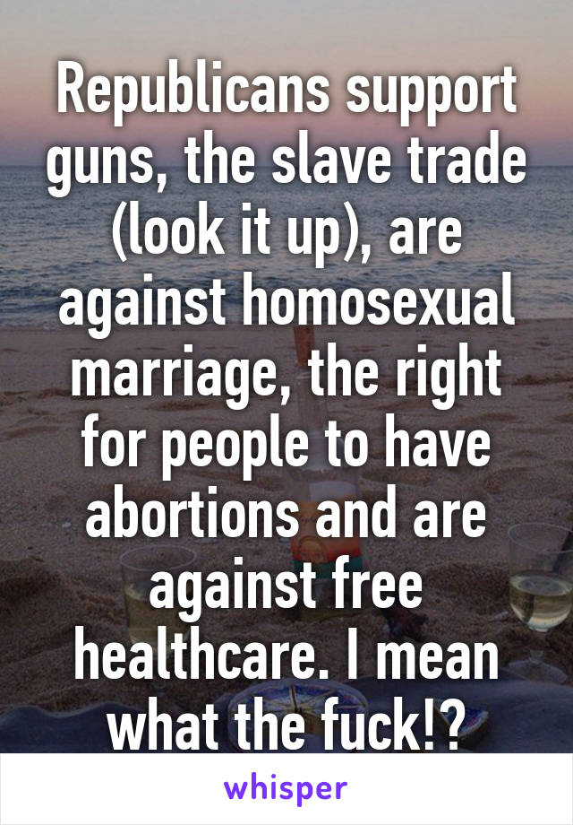 Republicans support guns, the slave trade (look it up), are against homosexual marriage, the right for people to have abortions and are against free healthcare. I mean what the fuck!?