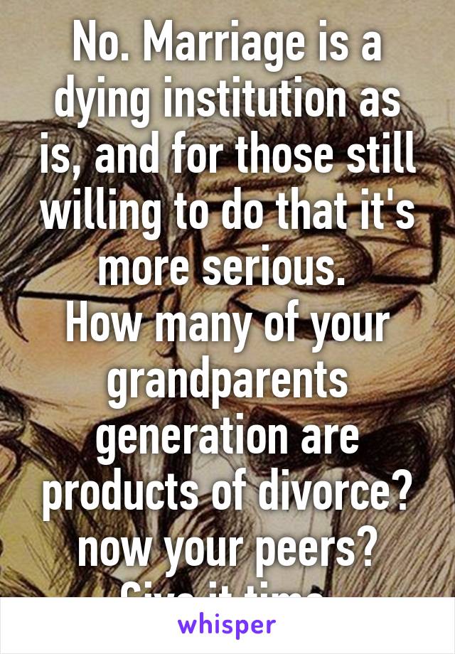 No. Marriage is a dying institution as is, and for those still willing to do that it's more serious. 
How many of your grandparents generation are products of divorce? now your peers?
Give it time.