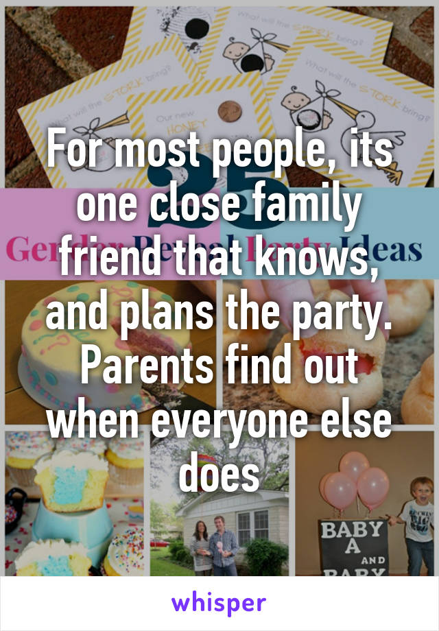 For most people, its one close family friend that knows, and plans the party. Parents find out when everyone else does