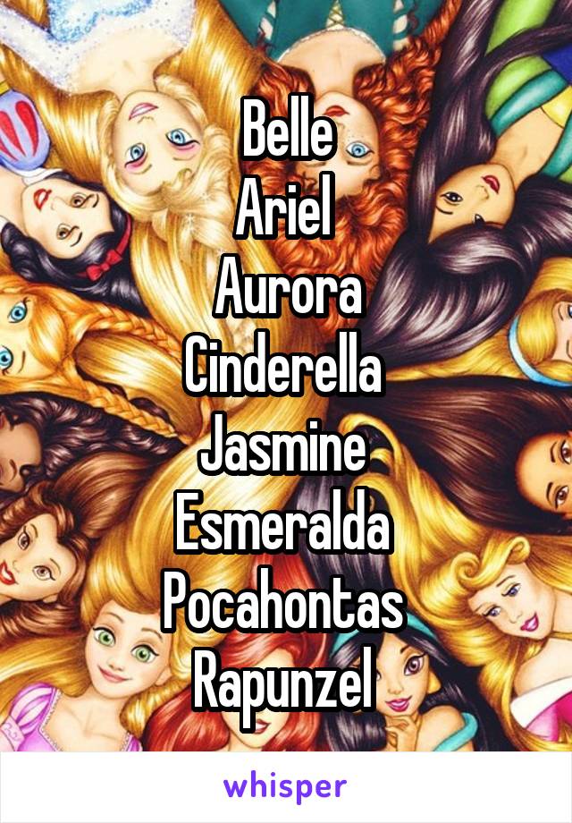 Belle
Ariel 
Aurora
Cinderella 
Jasmine 
Esmeralda 
Pocahontas 
Rapunzel 