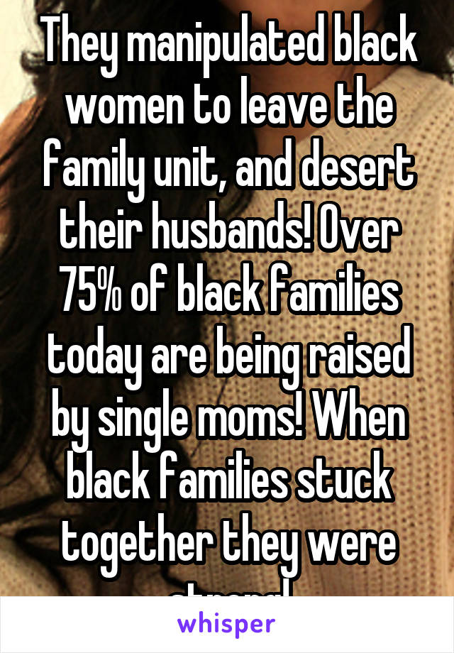 They manipulated black women to leave the family unit, and desert their husbands! Over 75% of black families today are being raised by single moms! When black families stuck together they were strong!