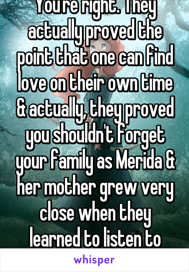 You're right. They actually proved the point that one can find love on their own time & actually, they proved you shouldn't forget your family as Merida & her mother grew very close when they learned to listen to each other.