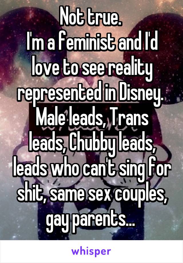 Not true. 
I'm a feminist and I'd love to see reality represented in Disney. 
Male leads, Trans leads, Chubby leads, leads who can't sing for shit, same sex couples, gay parents... 
