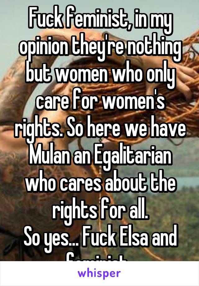 Fuck feminist, in my opinion they're nothing but women who only care for women's rights. So here we have Mulan an Egalitarian who cares about the rights for all.
So yes... Fuck Elsa and feminist. 