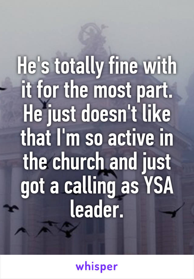 He's totally fine with it for the most part. He just doesn't like that I'm so active in the church and just got a calling as YSA leader.