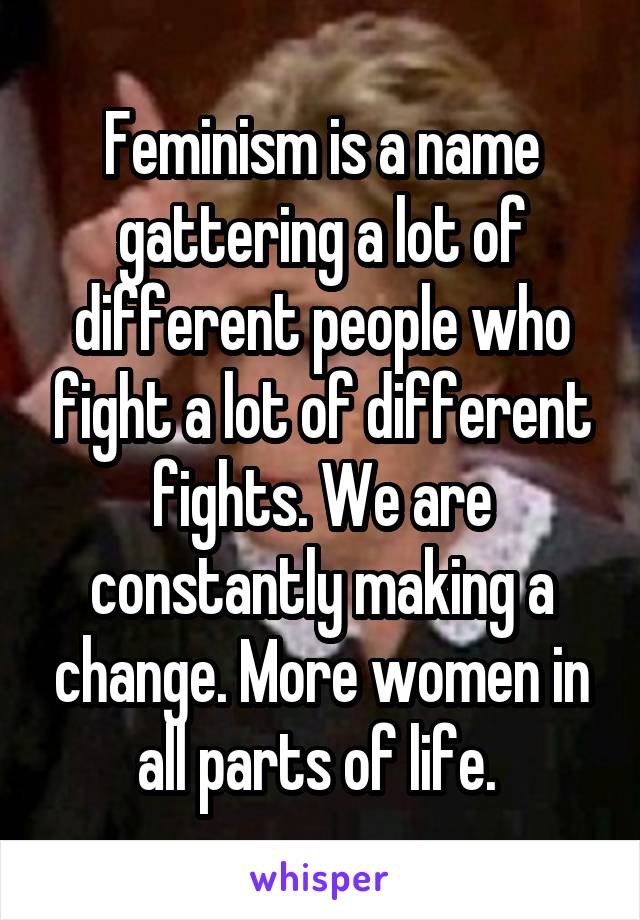 Feminism is a name gattering a lot of different people who fight a lot of different fights. We are constantly making a change. More women in all parts of life. 