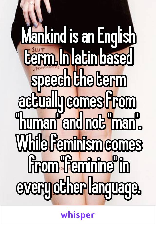 Mankind is an English term. In latin based speech the term actually comes from  "human" and not "man".
While feminism comes from "feminine" in every other language.