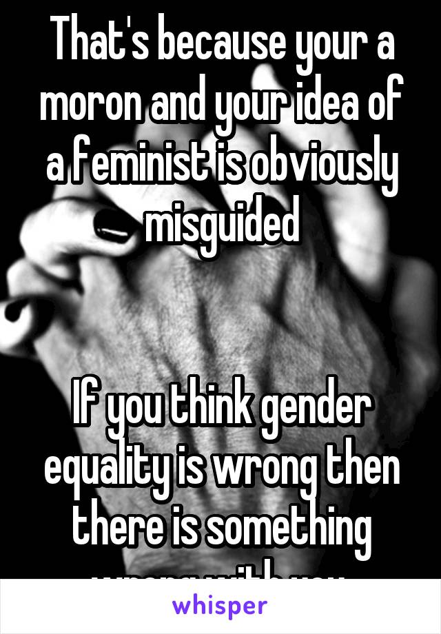 That's because your a moron and your idea of a feminist is obviously misguided


If you think gender equality is wrong then there is something wrong with you 