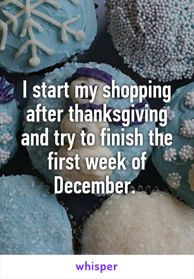I start my shopping after thanksgiving and try to finish the first week of December. 