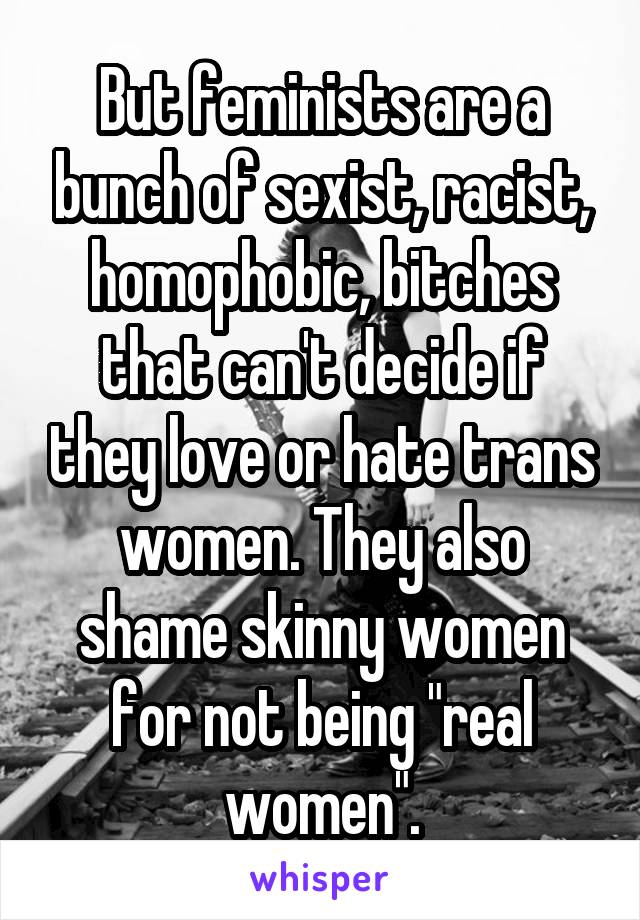 But feminists are a bunch of sexist, racist, homophobic, bitches that can't decide if they love or hate trans women. They also shame skinny women for not being "real women".