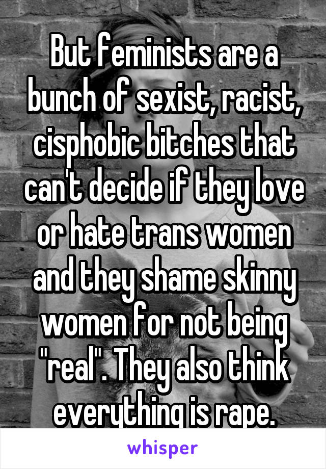 But feminists are a bunch of sexist, racist, cisphobic bitches that can't decide if they love or hate trans women and they shame skinny women for not being "real". They also think everything is rape.