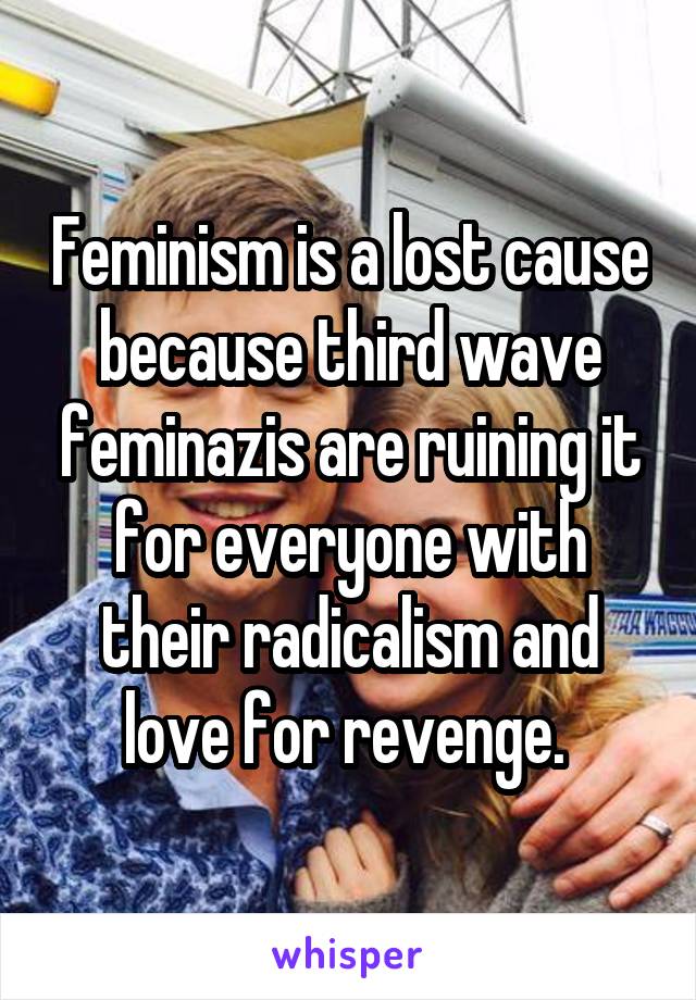 Feminism is a lost cause because third wave feminazis are ruining it for everyone with their radicalism and love for revenge. 