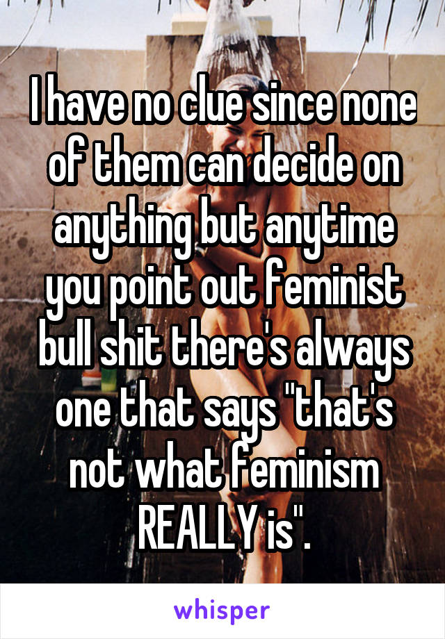 I have no clue since none of them can decide on anything but anytime you point out feminist bull shit there's always one that says "that's not what feminism REALLY is".