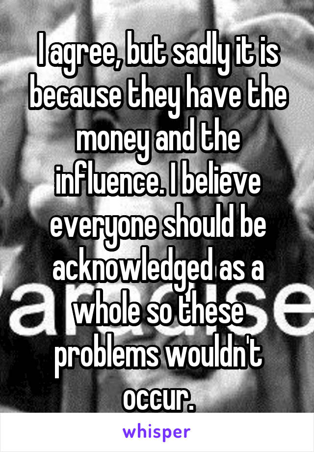 I agree, but sadly it is because they have the money and the influence. I believe everyone should be acknowledged as a whole so these problems wouldn't occur.