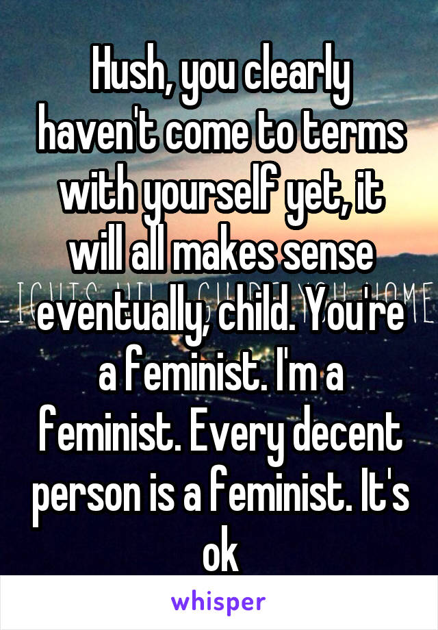 Hush, you clearly haven't come to terms with yourself yet, it will all makes sense eventually, child. You're a feminist. I'm a feminist. Every decent person is a feminist. It's ok