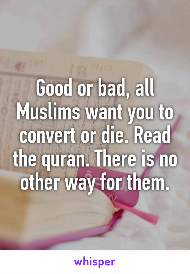 Good or bad, all Muslims want you to convert or die. Read the quran. There is no other way for them.