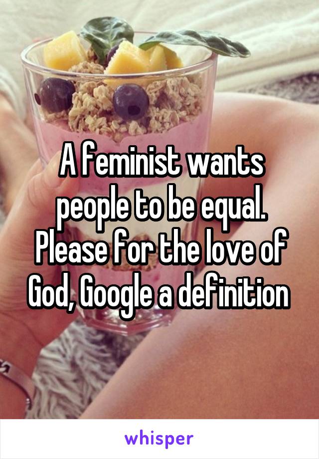 A feminist wants people to be equal. Please for the love of God, Google a definition 