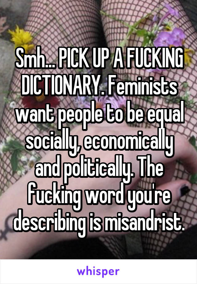 Smh... PICK UP A FUCKING DICTIONARY. Feminists want people to be equal socially, economically and politically. The fucking word you're describing is misandrist.