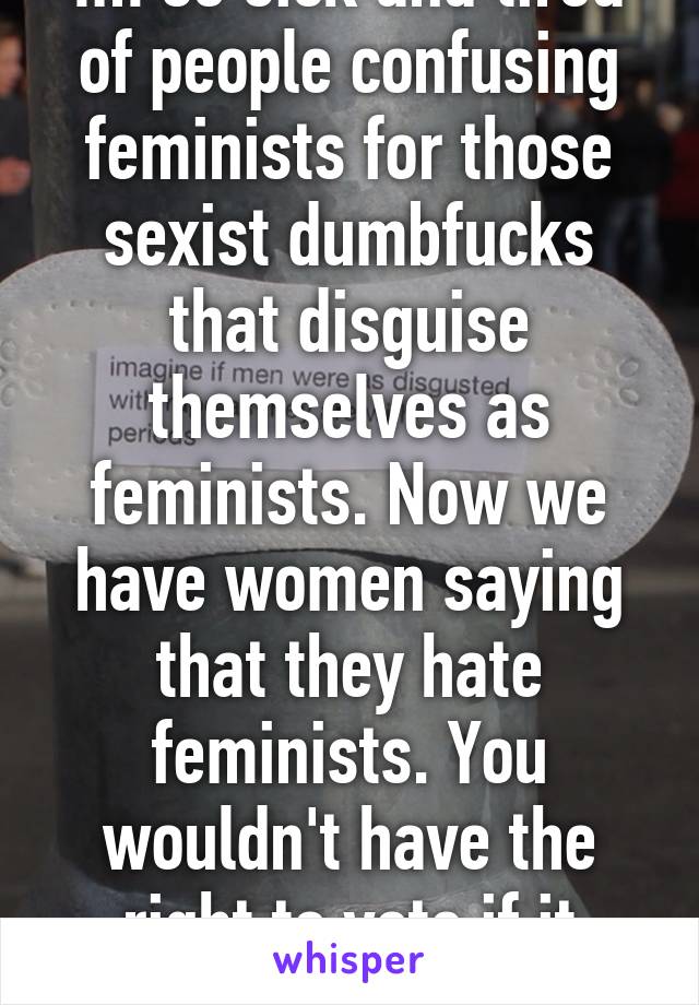 Im so sick and tired of people confusing feminists for those sexist dumbfucks that disguise themselves as feminists. Now we have women saying that they hate feminists. You wouldn't have the right to vote if it weren't for feminism