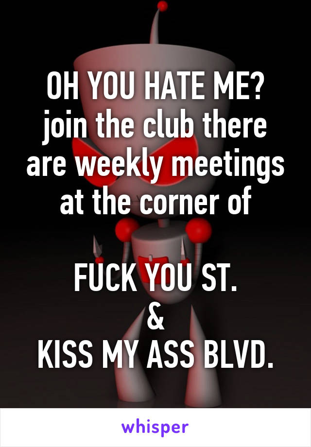 OH YOU HATE ME?
join the club there are weekly meetings at the corner of

FUCK YOU ST.
&
KISS MY ASS BLVD.