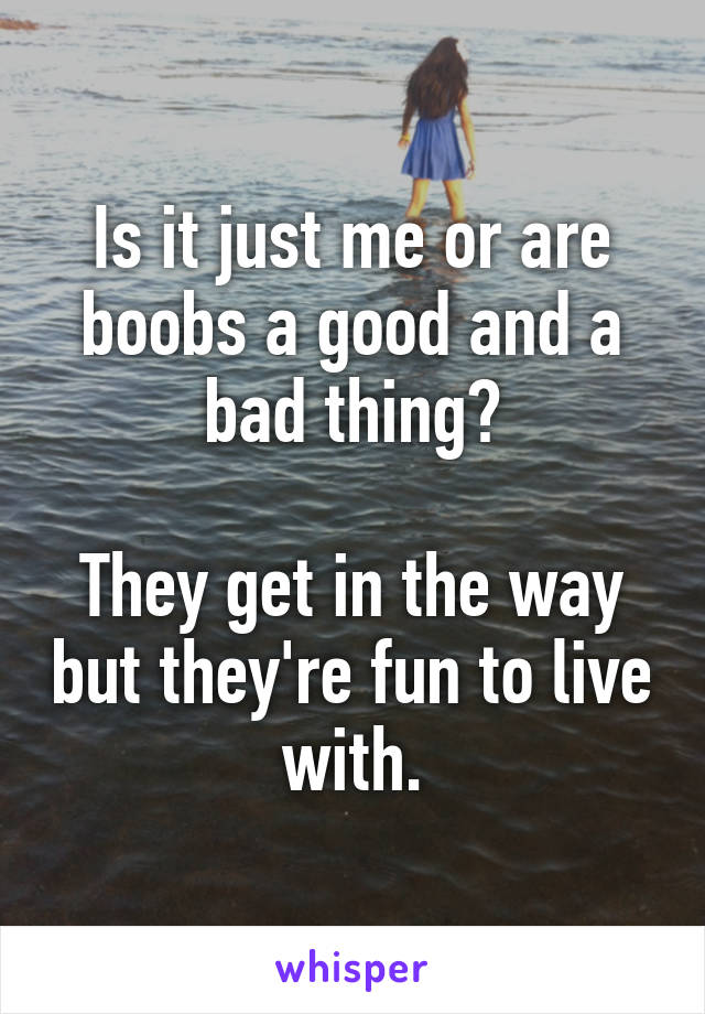 Is it just me or are boobs a good and a bad thing?

They get in the way but they're fun to live with.