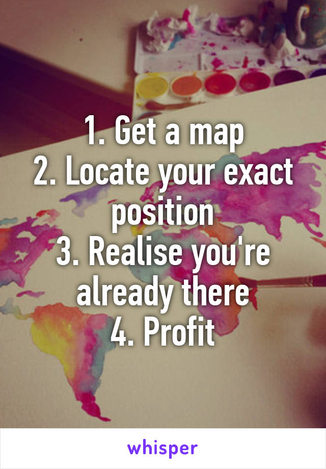 1. Get a map
2. Locate your exact position
3. Realise you're already there
4. Profit