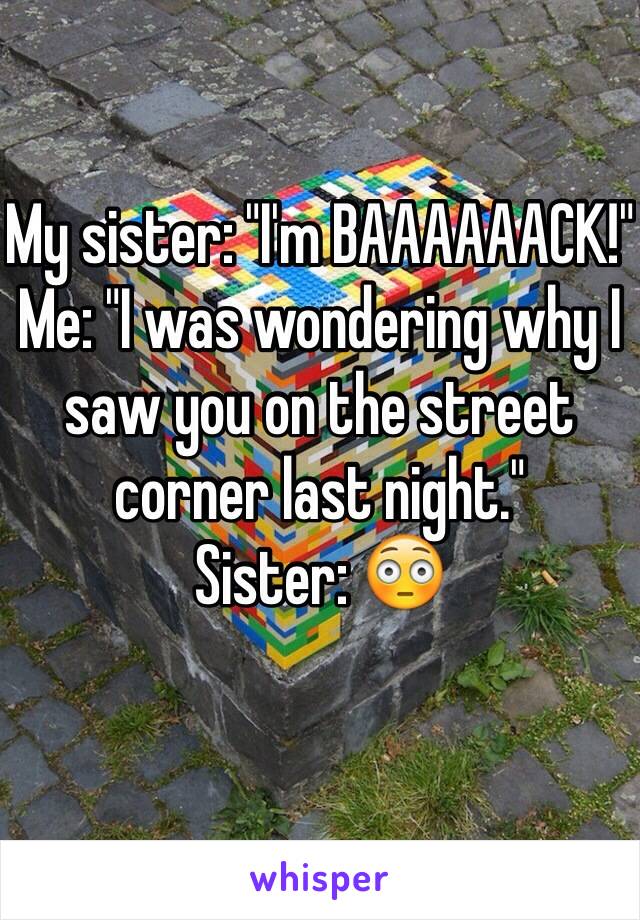 My sister: "I'm BAAAAAACK!"
Me: "I was wondering why I saw you on the street corner last night."
Sister: 😳