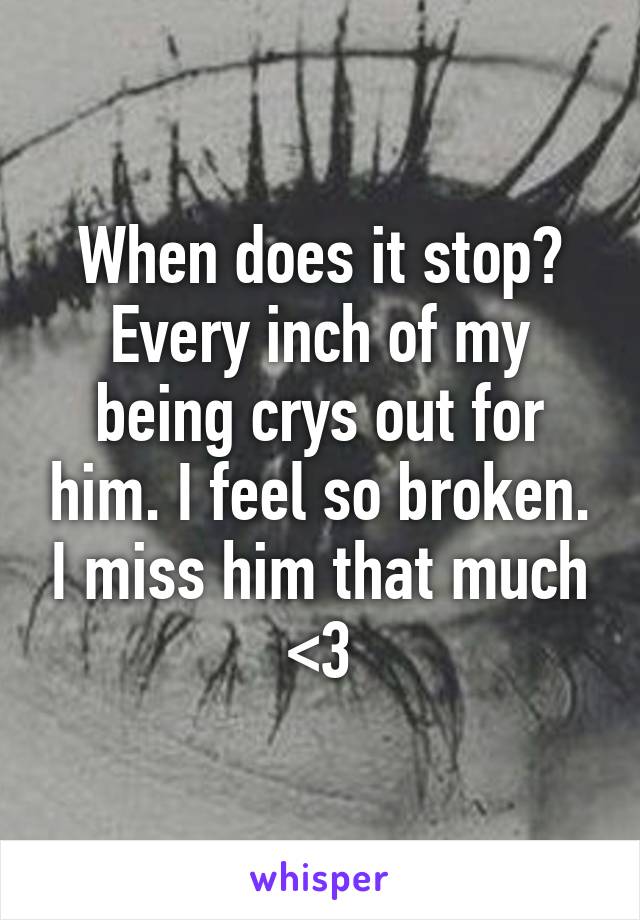 When does it stop? Every inch of my being crys out for him. I feel so broken. I miss him that much <\3