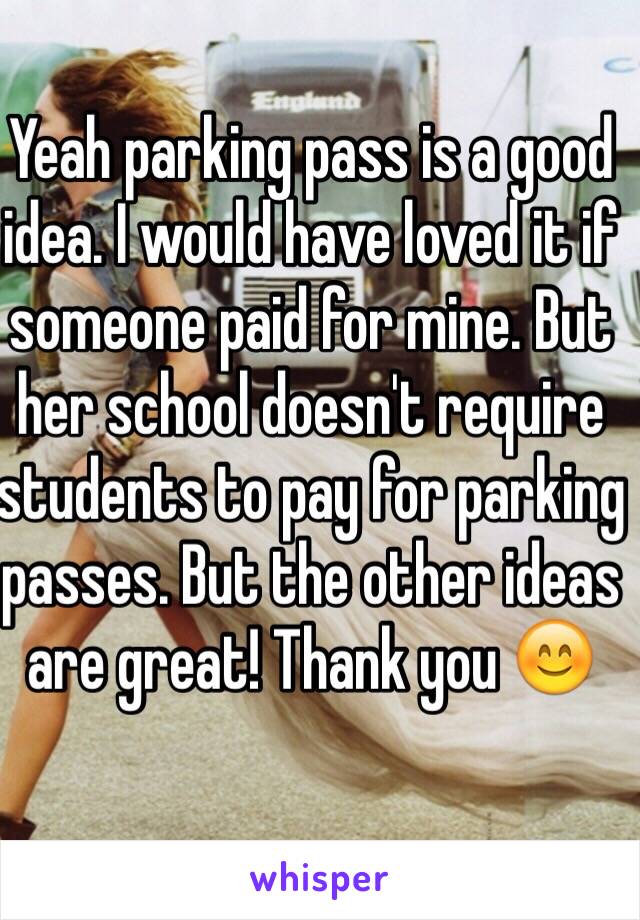 Yeah parking pass is a good idea. I would have loved it if someone paid for mine. But her school doesn't require students to pay for parking passes. But the other ideas are great! Thank you 😊