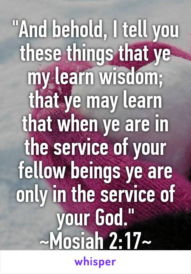 "And behold, I tell you these things that ye my learn wisdom; that ye may learn that when ye are in the service of your fellow beings ye are only in the service of your God."
~Mosiah 2:17~