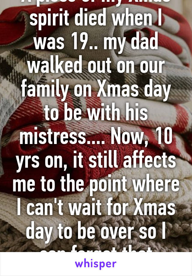 A piece of my Xmas spirit died when I was 19.. my dad walked out on our family on Xmas day to be with his mistress.... Now, 10 yrs on, it still affects me to the point where I can't wait for Xmas day to be over so I can forget that painful memory   