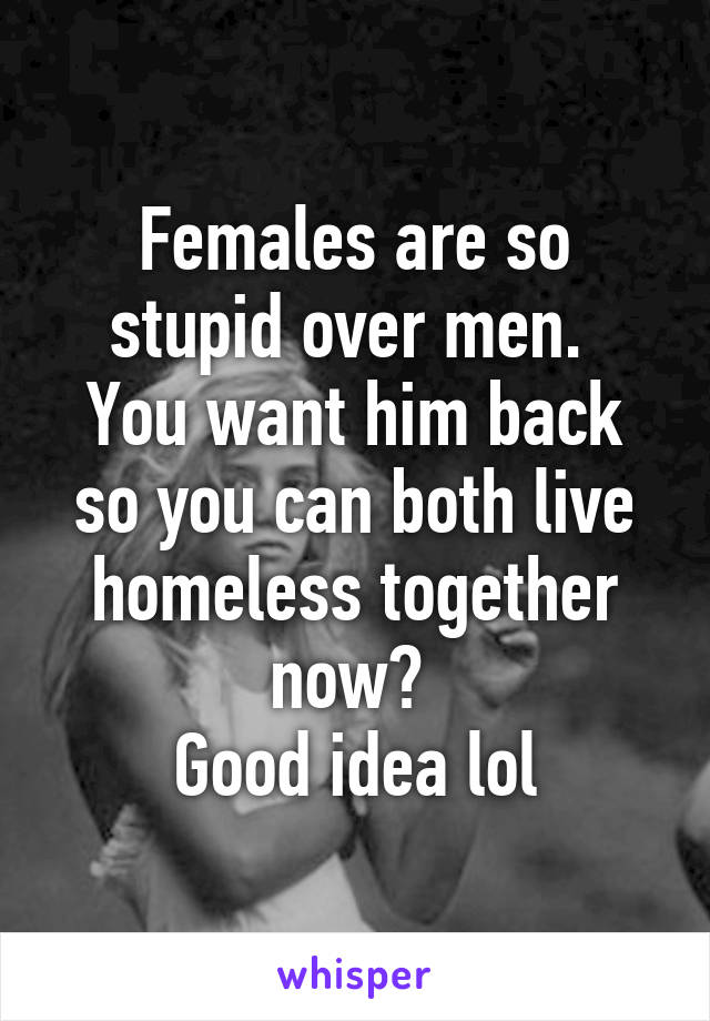 Females are so stupid over men. 
You want him back so you can both live homeless together now? 
Good idea lol
