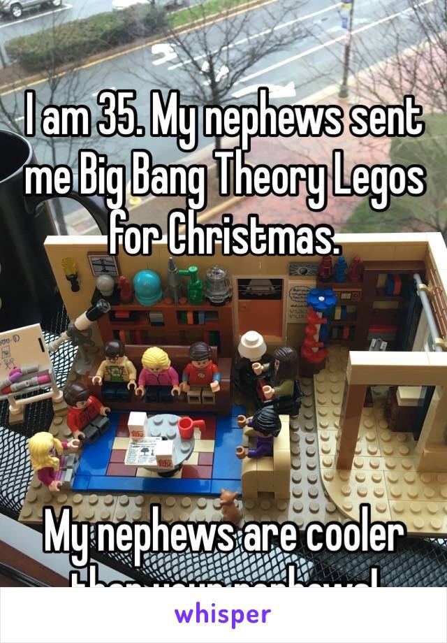 I am 35. My nephews sent me Big Bang Theory Legos for Christmas.




My nephews are cooler than your nephews! 